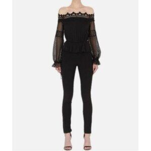 Self Portrait Black Off The Shoulder Jumpsuit Lace Mesh Sleeves Cocktail Size 6